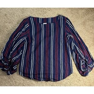 CAbi Flag Balloon Sleeve Top Women's MED Blue Freedom Stripe Cotton Relaxed Fit